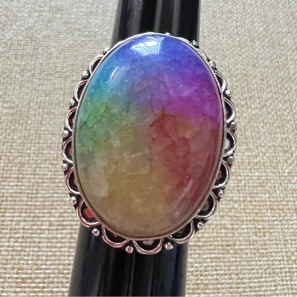 New Rainbow Solar Quartz Crystal Silver Overlay Ring Size 8 - Picture 2 of 4